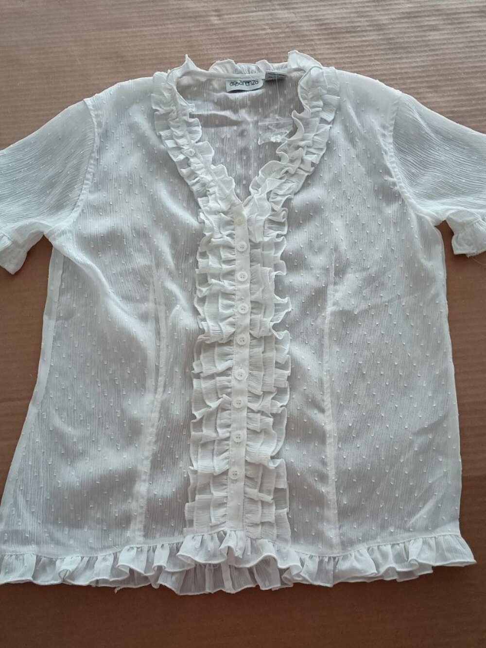 NWOT v-neck white sheer button down short sleeve blouse with ruffles size S